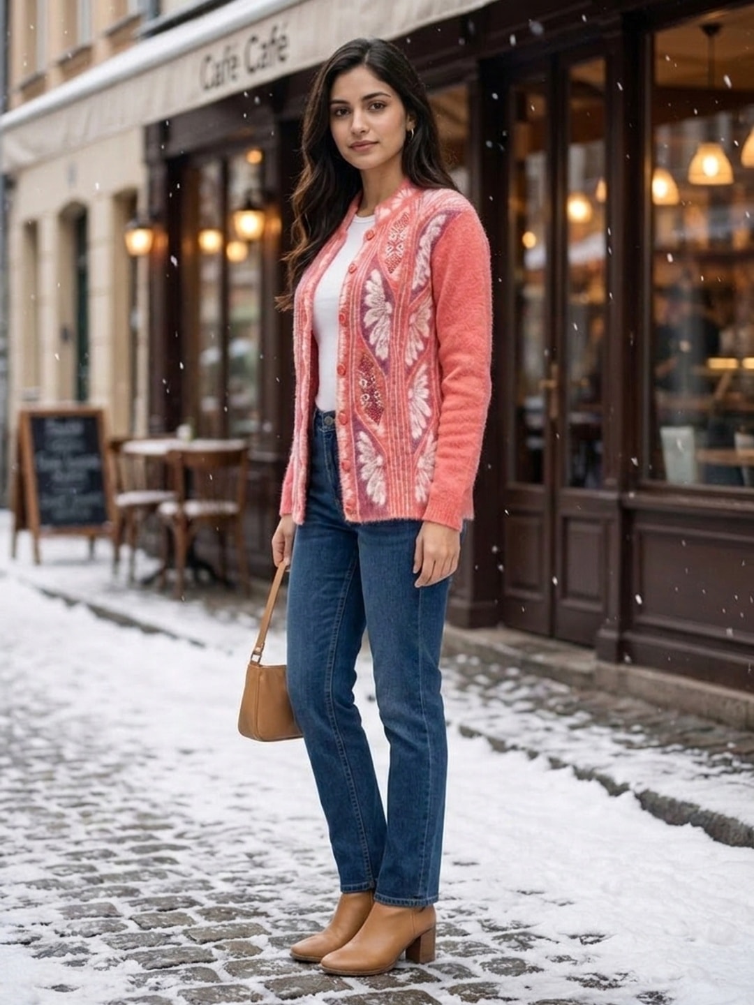 Peachmode Coral Woolen Embroidered Cardigan - Image 3