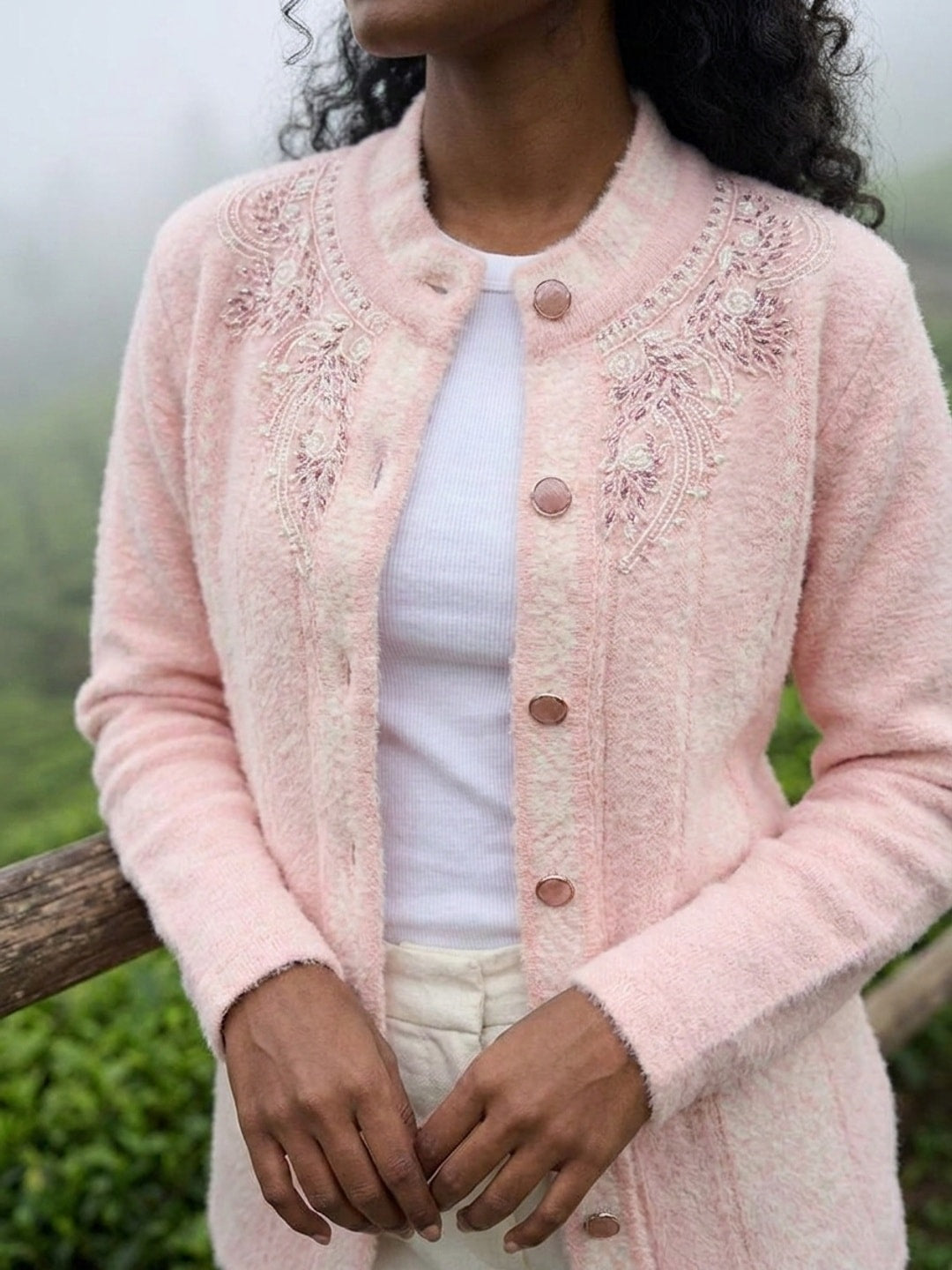 Peachmode Baby Pink Woolen Embroidered Cardigan - Image 5