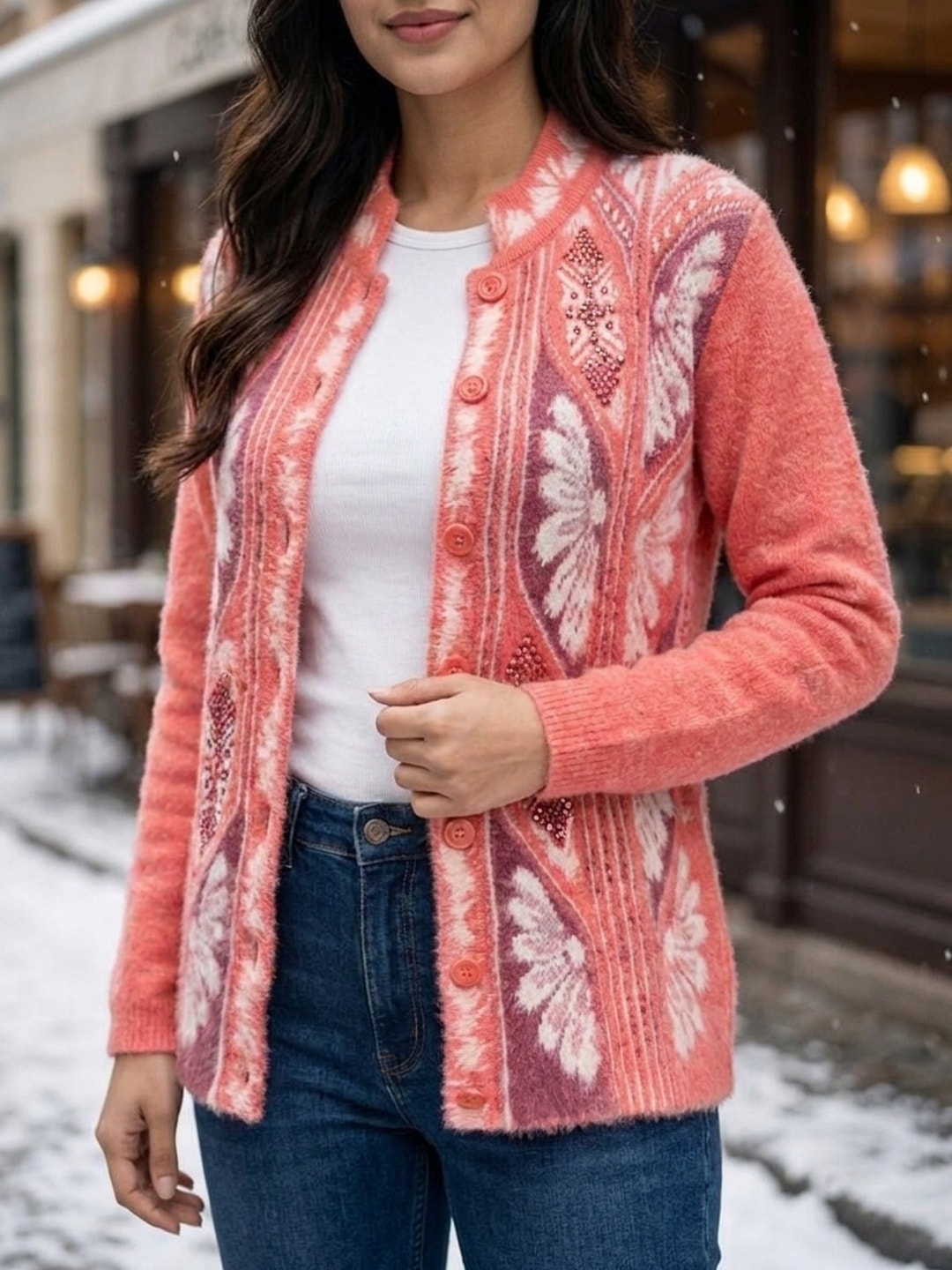 Peachmode Coral Woolen Embroidered Cardigan - Image 5