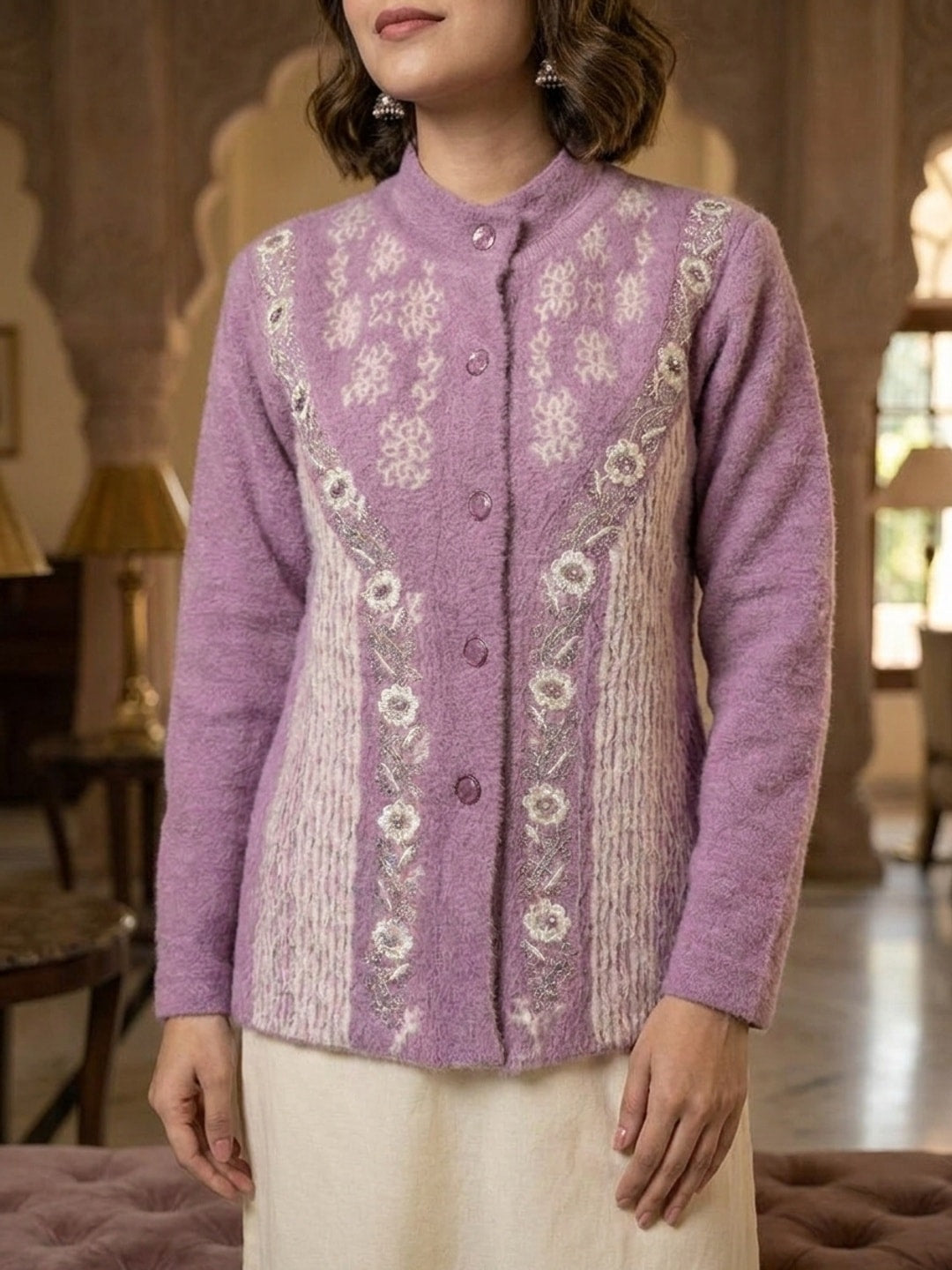 Peachmode Purple Woolen Embroidered Cardigan - Image 5