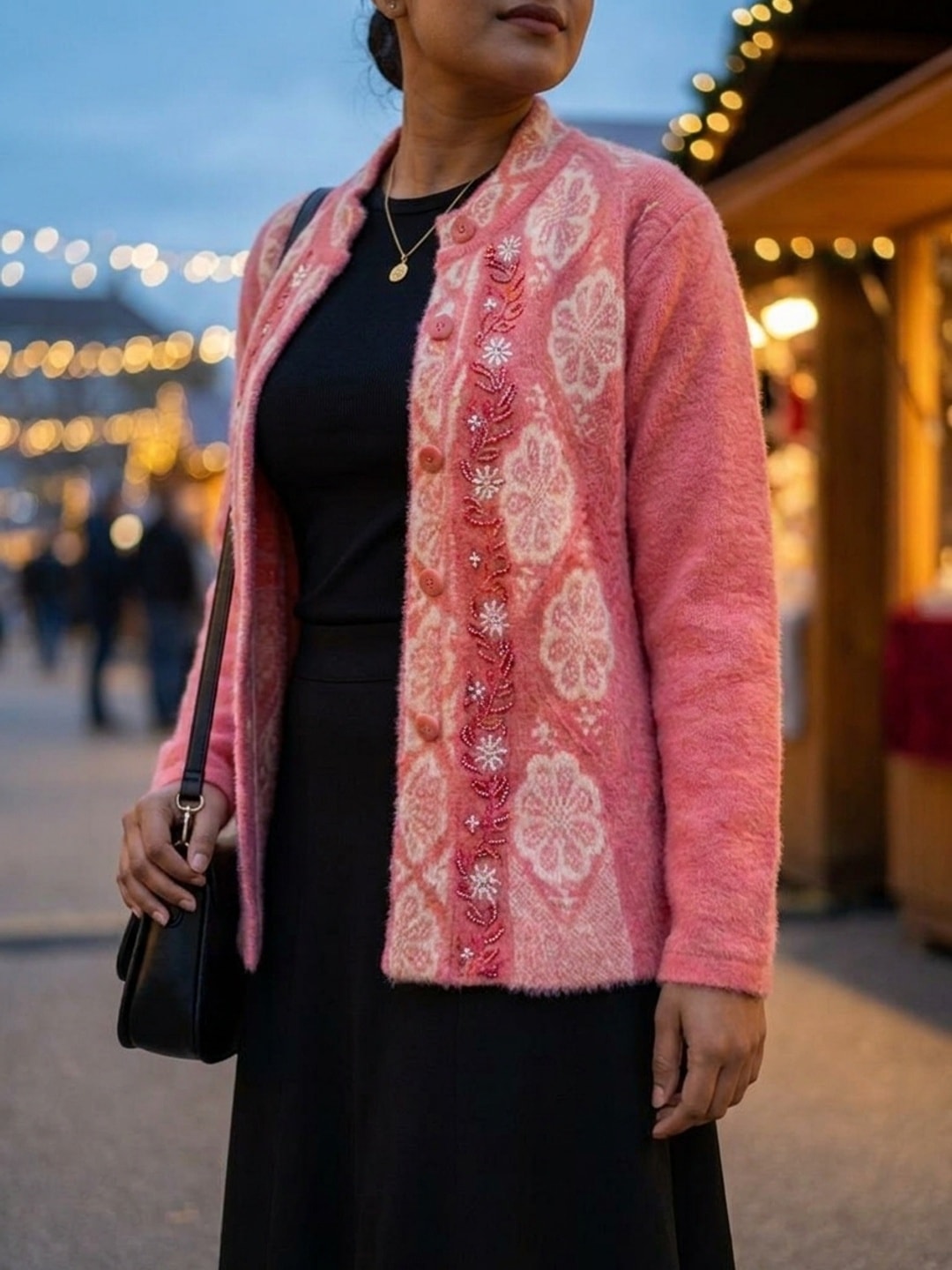 Peachmode Pink Woolen Embroidered Cardigan - Image 5