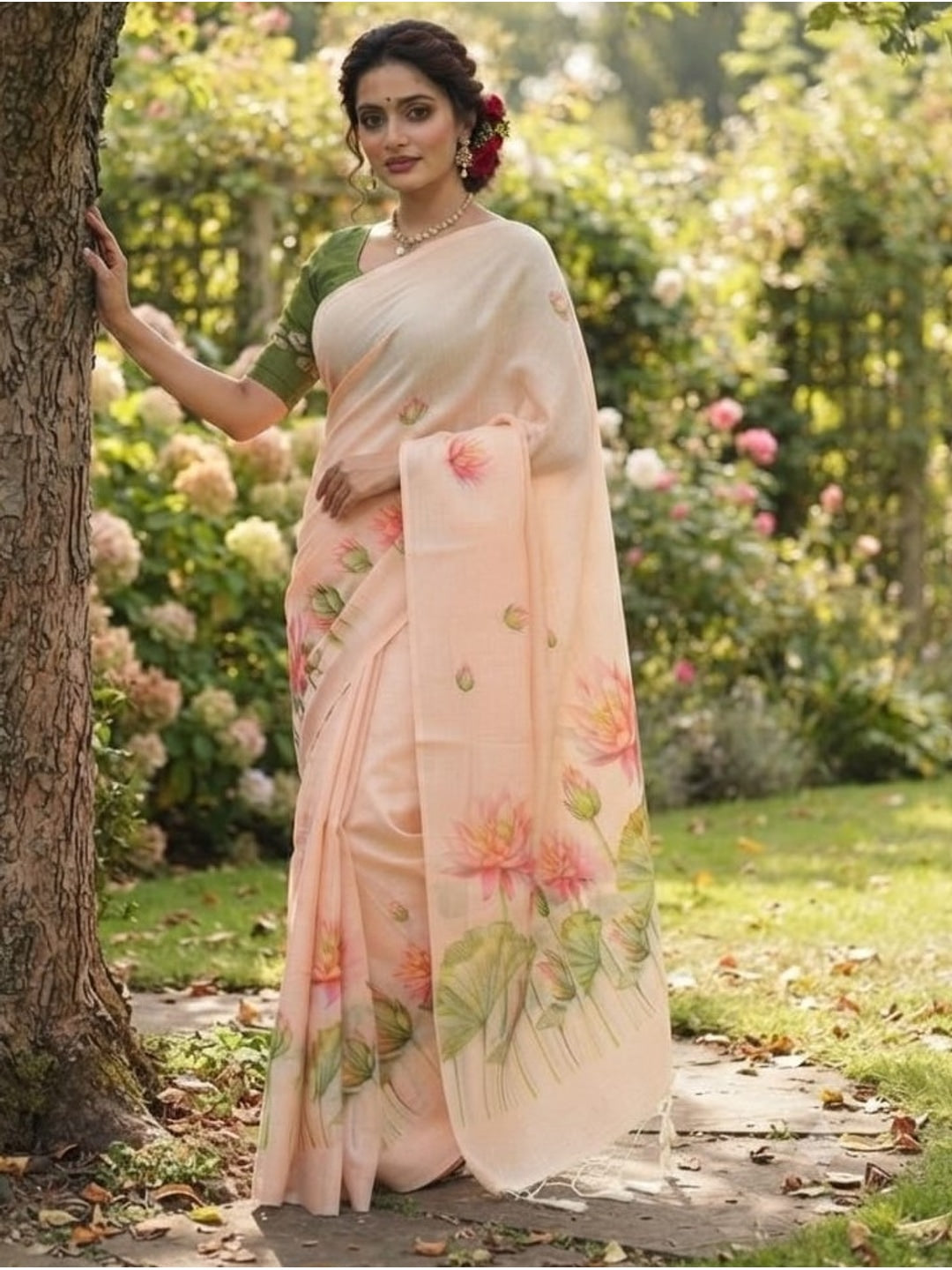 Peachmode Peach Printed Linen Saree - Image 3