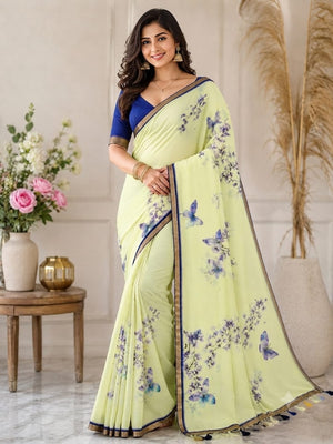 Peachmode Lemon Yellow Printed Linen Saree - Image 2