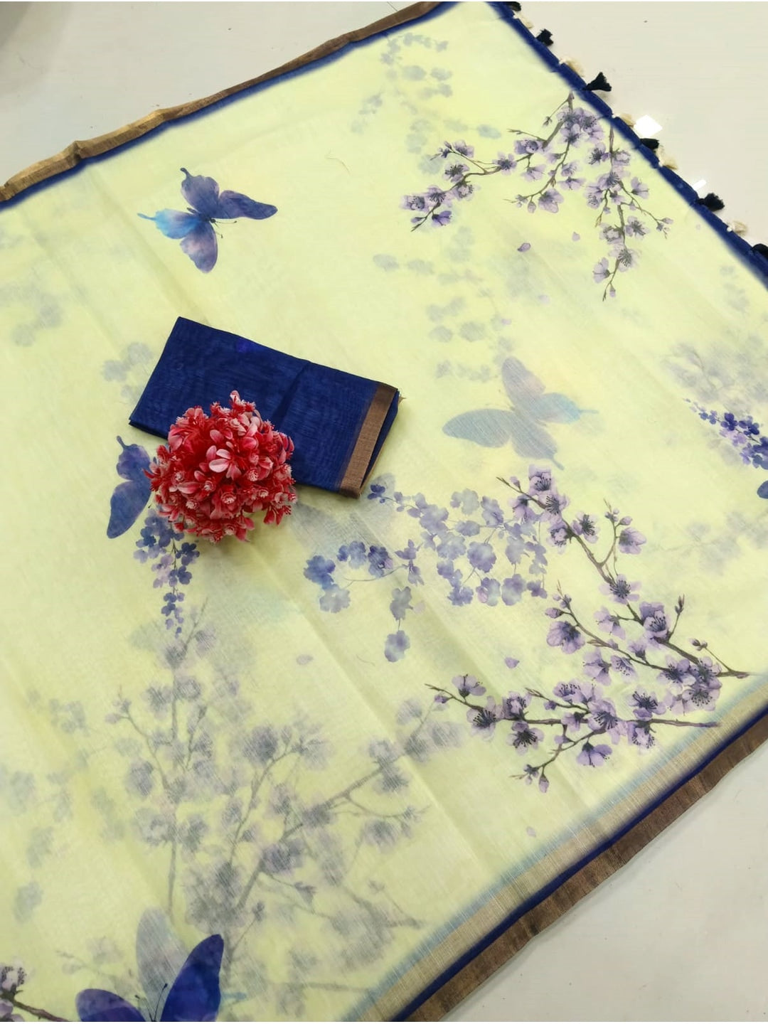 Peachmode Lemon Yellow Printed Linen Saree - Image 5