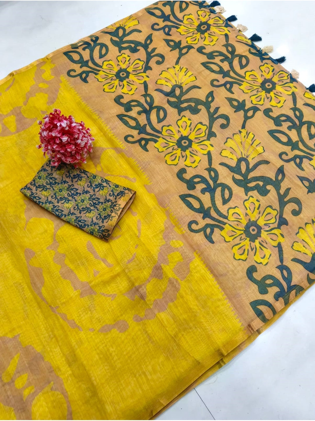 Peachmode Mustard Printed Linen Saree - Image 5