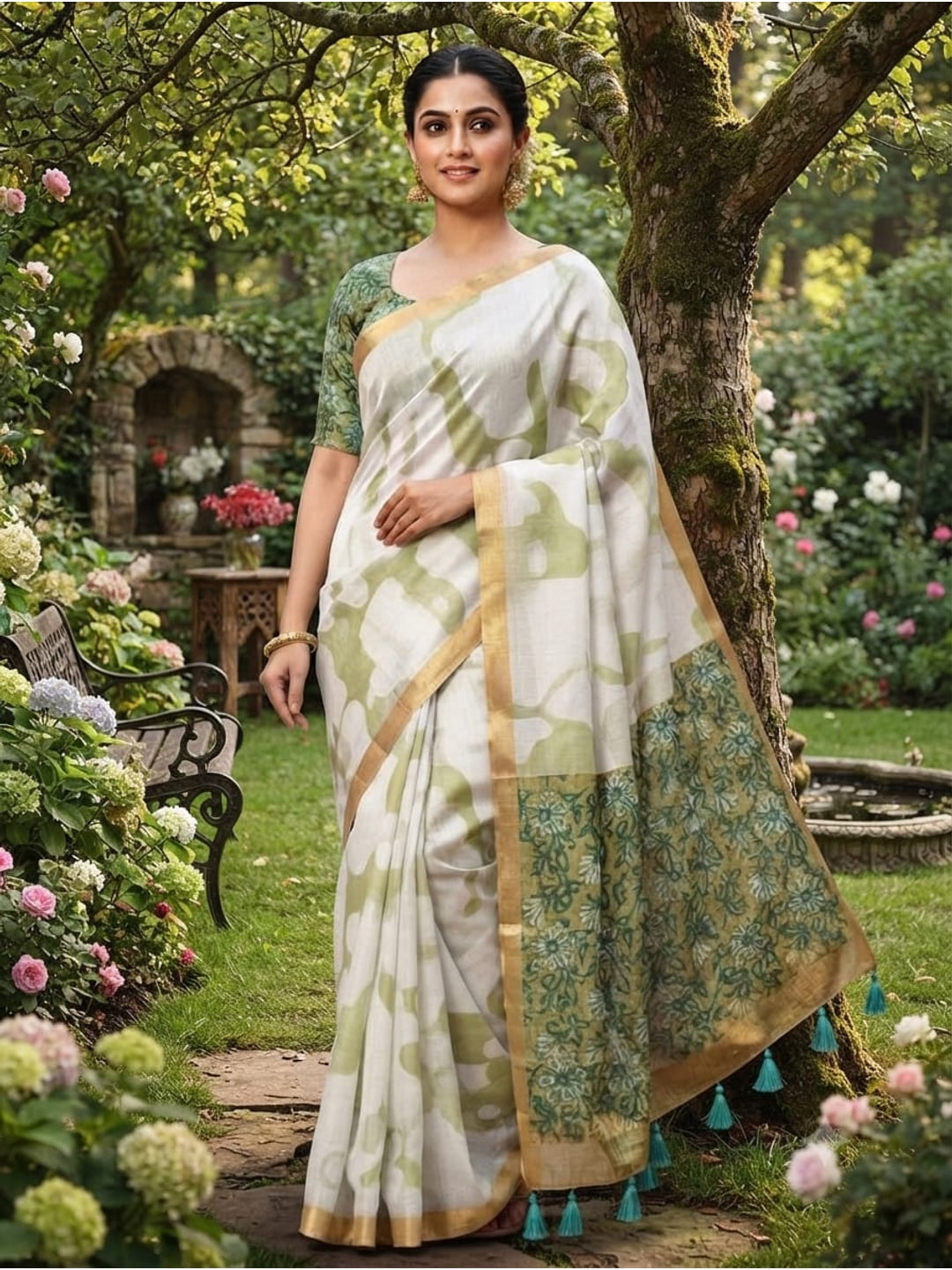 Peachmode White Printed Linen Saree - Image 1