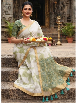 Peachmode White Printed Linen Saree - Image 2