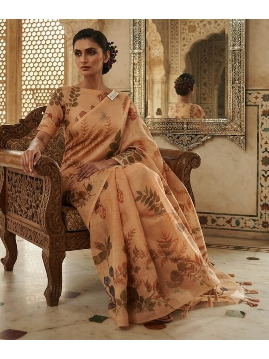 Peachmode Peach Printed Linen Saree - Image 2