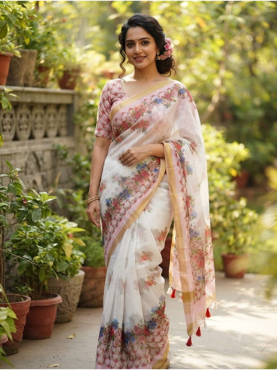 Peachmode White Printed Linen Saree - Image 2
