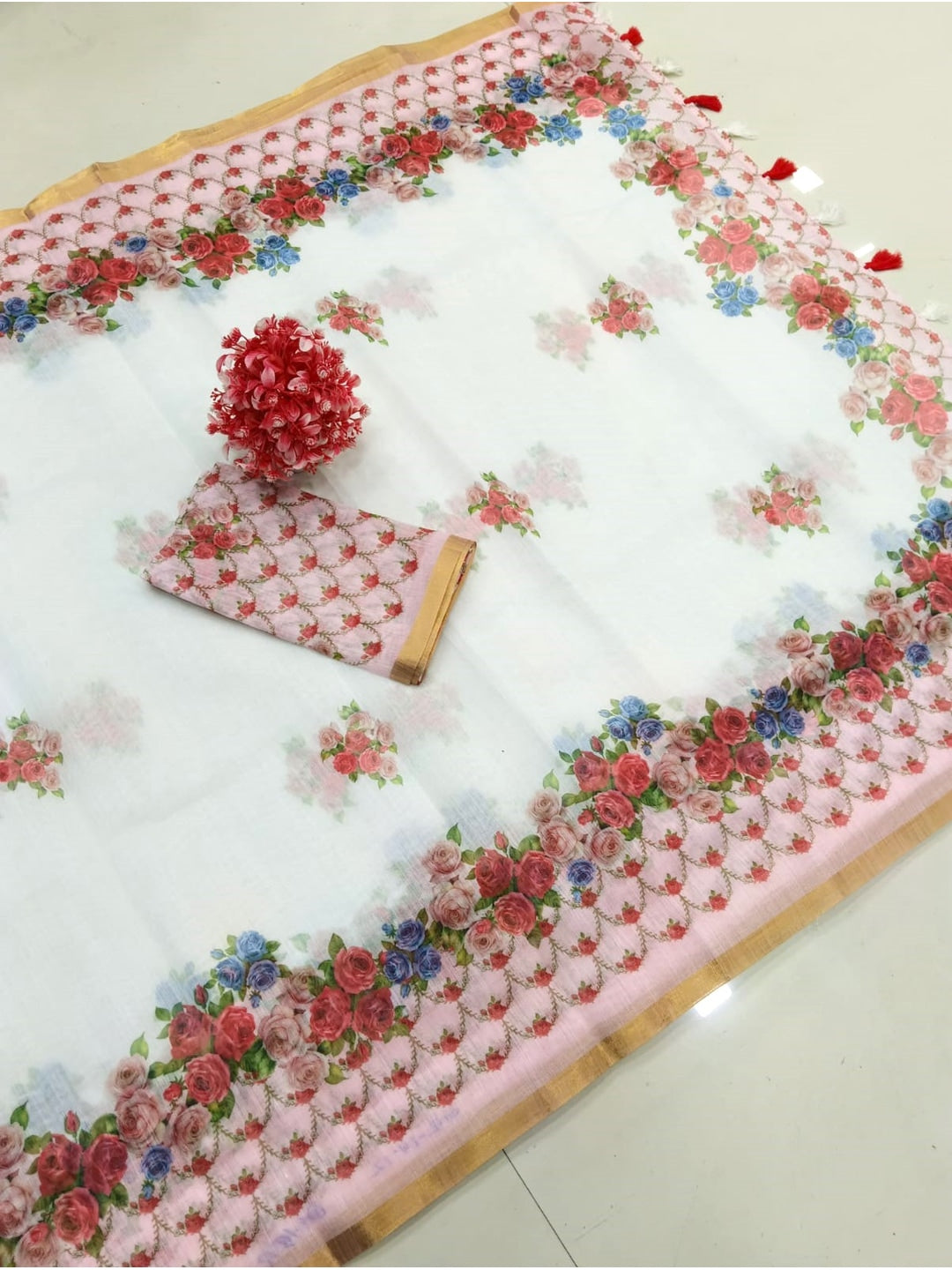 Peachmode White Printed Linen Saree - Image 5