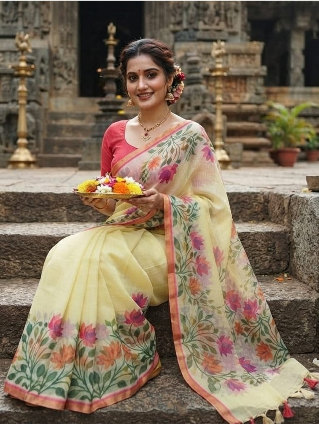 Peachmode Lemon Yellow Printed Linen Saree - Image 2