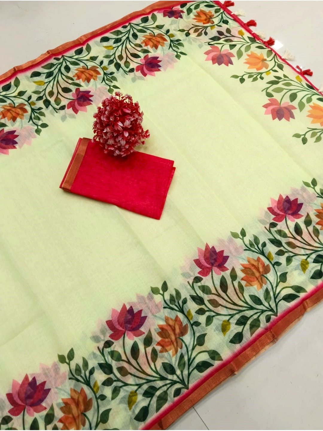 Peachmode Lemon Yellow Printed Linen Saree - Image 5