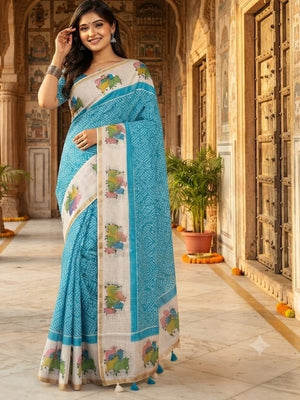 Peachmode Turquoise Printed Linen Saree - Image 1