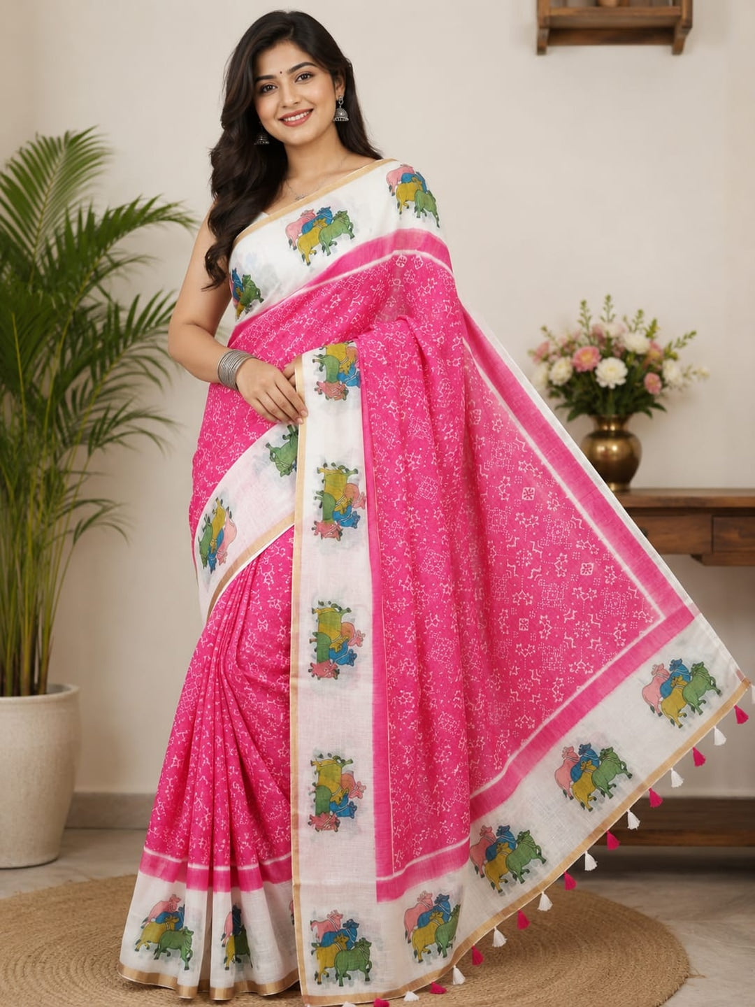 Peachmode Pink Printed Linen Saree - Image 3