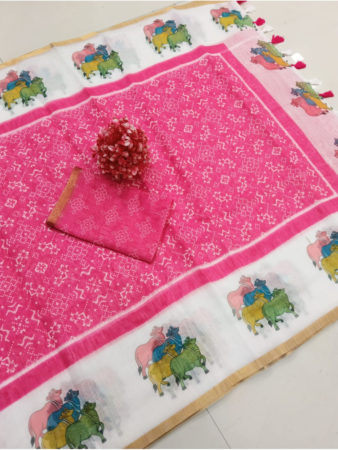 Peachmode Pink Printed Linen Saree - Image 4