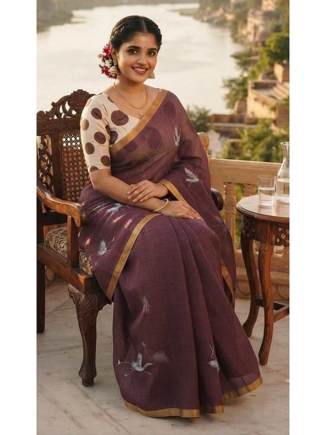 Peachmode Wine Printed Linen Saree - Image 2