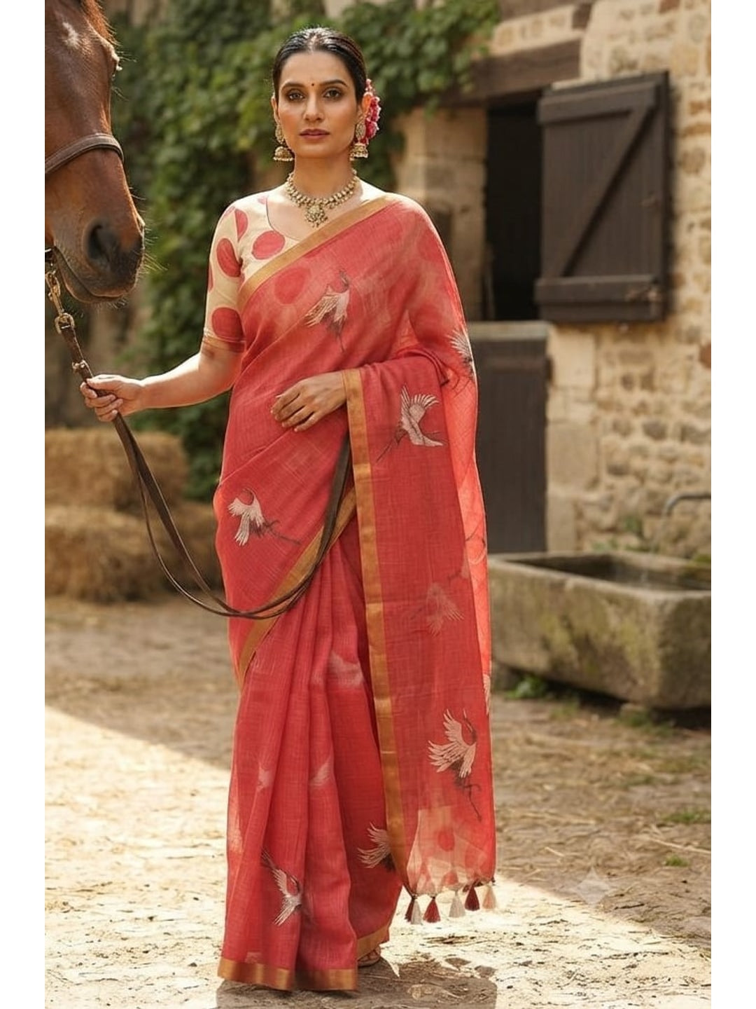 Peachmode Coral Printed Linen Saree - Image 2