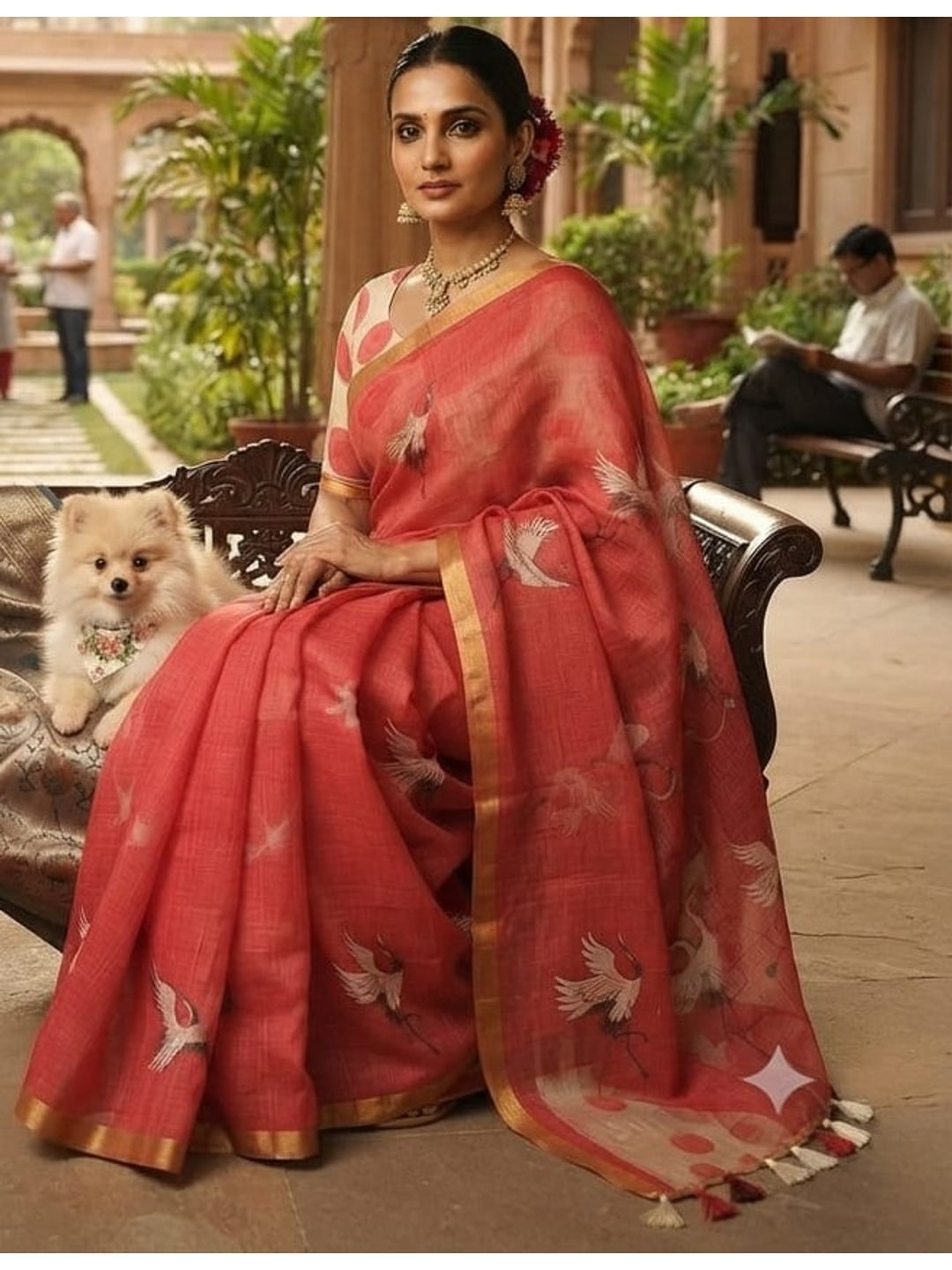 Peachmode Coral Printed Linen Saree - Image 3