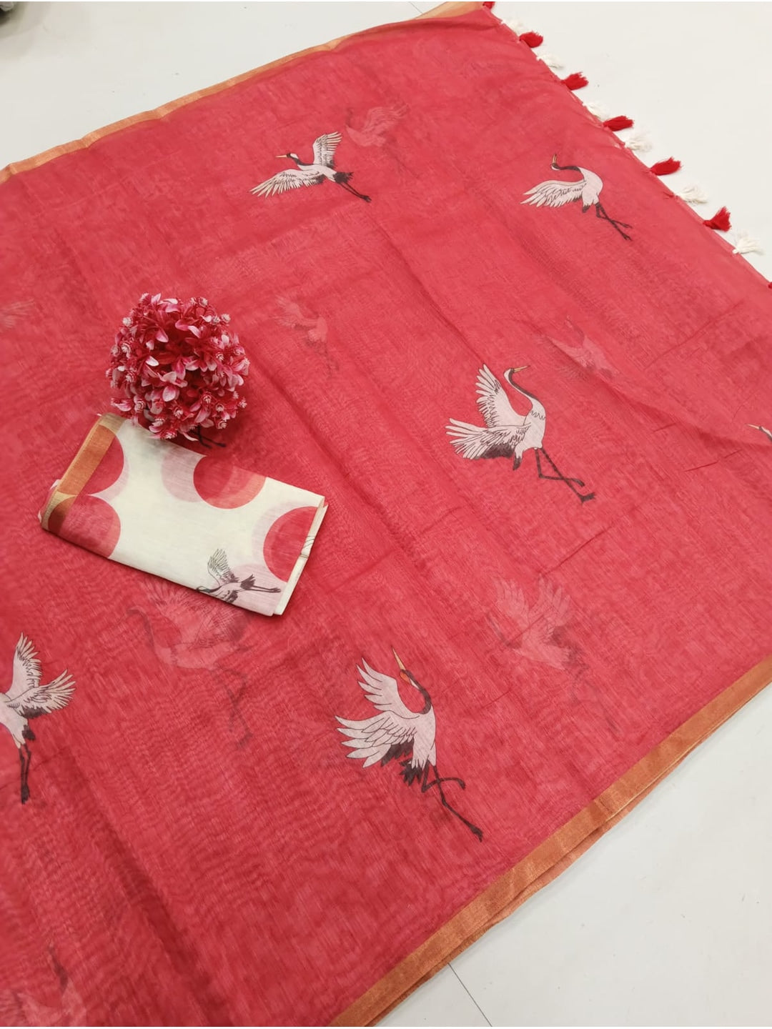 Peachmode Coral Printed Linen Saree - Image 5