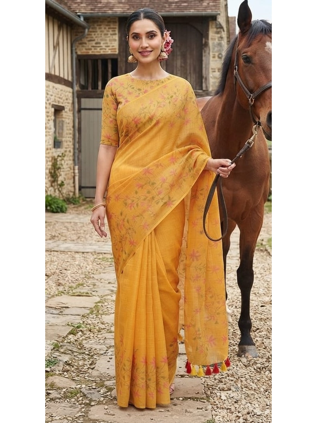 Peachmode Mustard Printed Linen Saree - Image 3