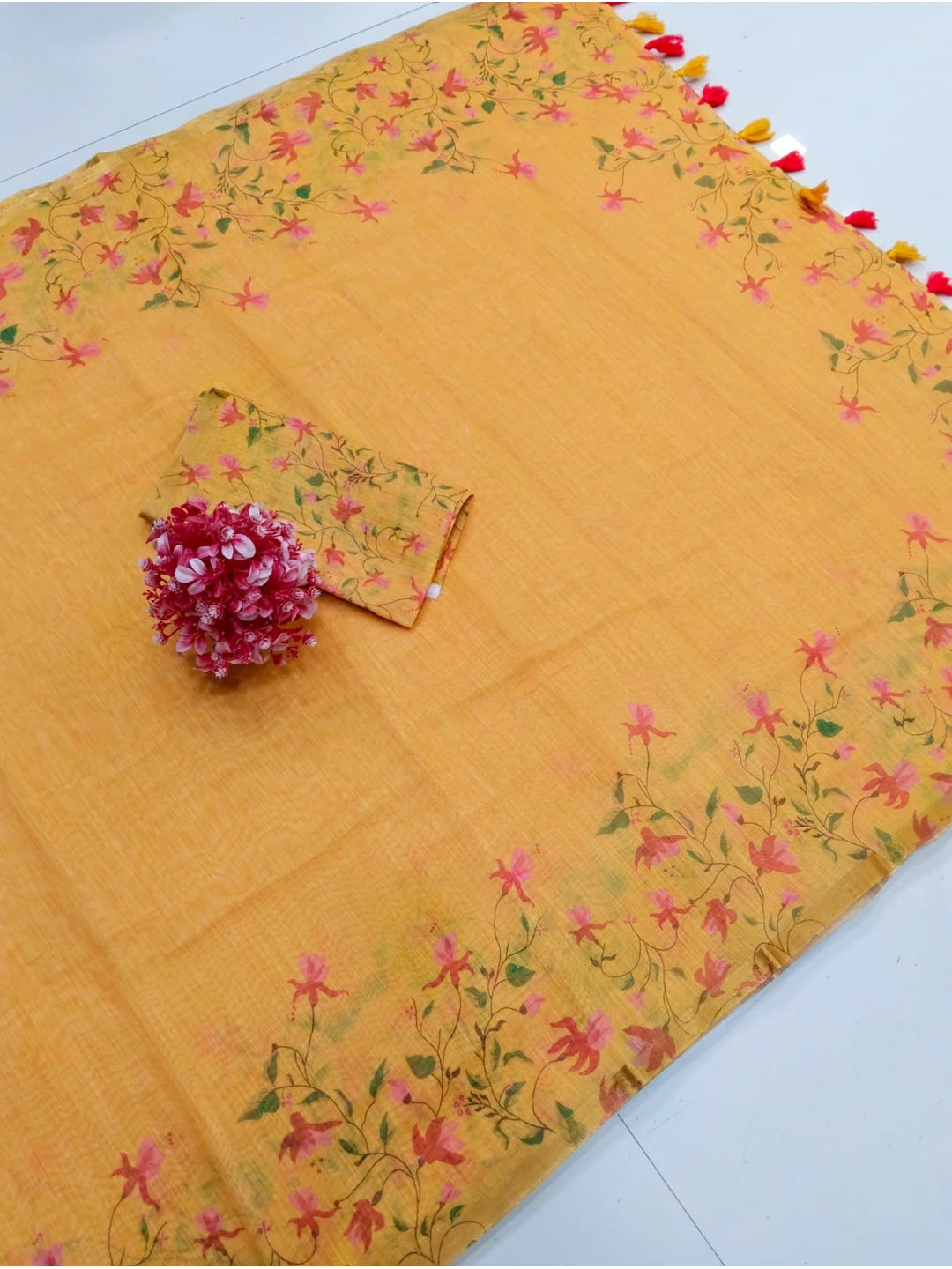 Peachmode Mustard Printed Linen Saree - Image 4