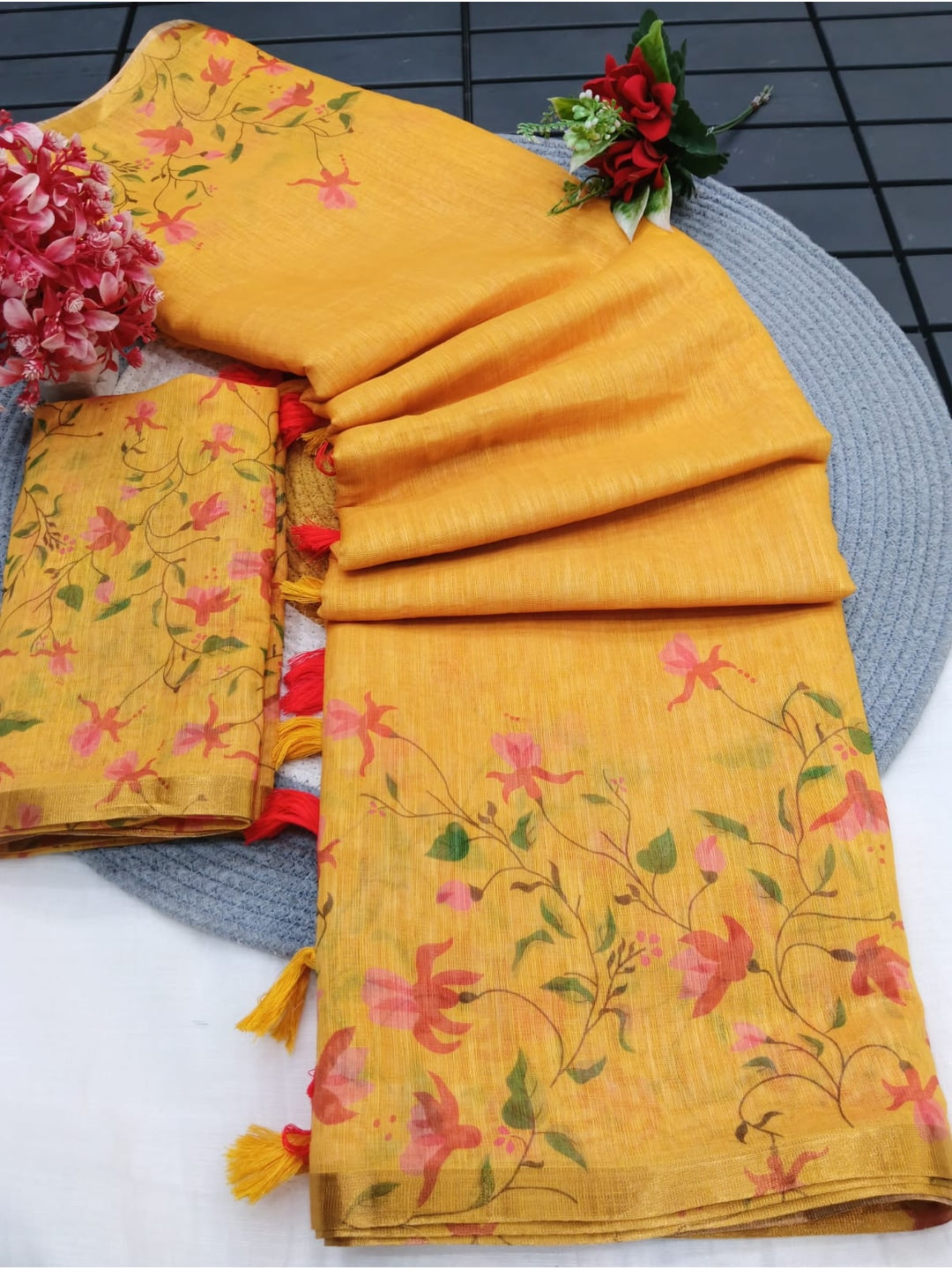 Peachmode Mustard Printed Linen Saree - Image 5