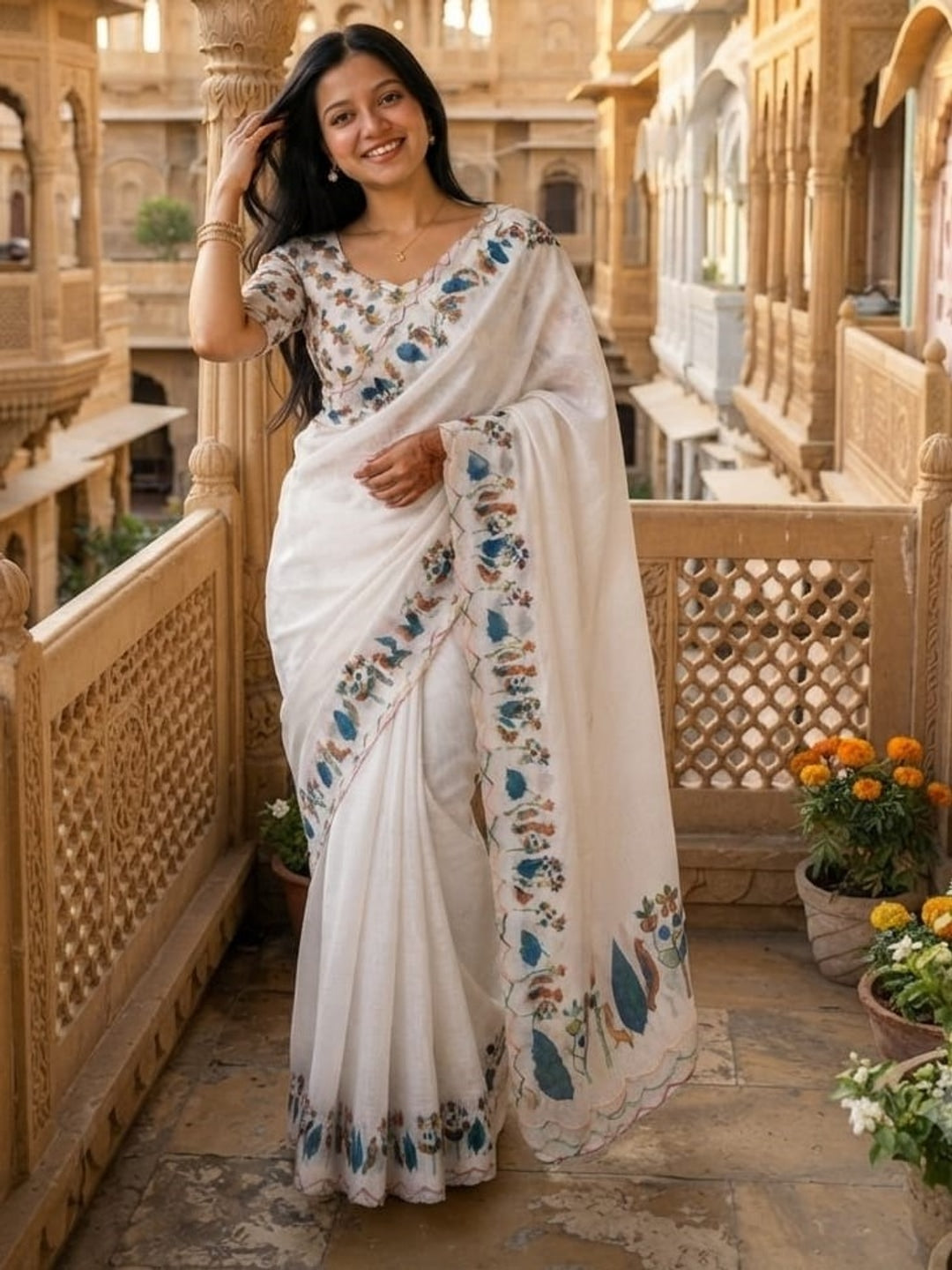 Peachmode White Printed Linen Saree With Cutwork Border - Image 3