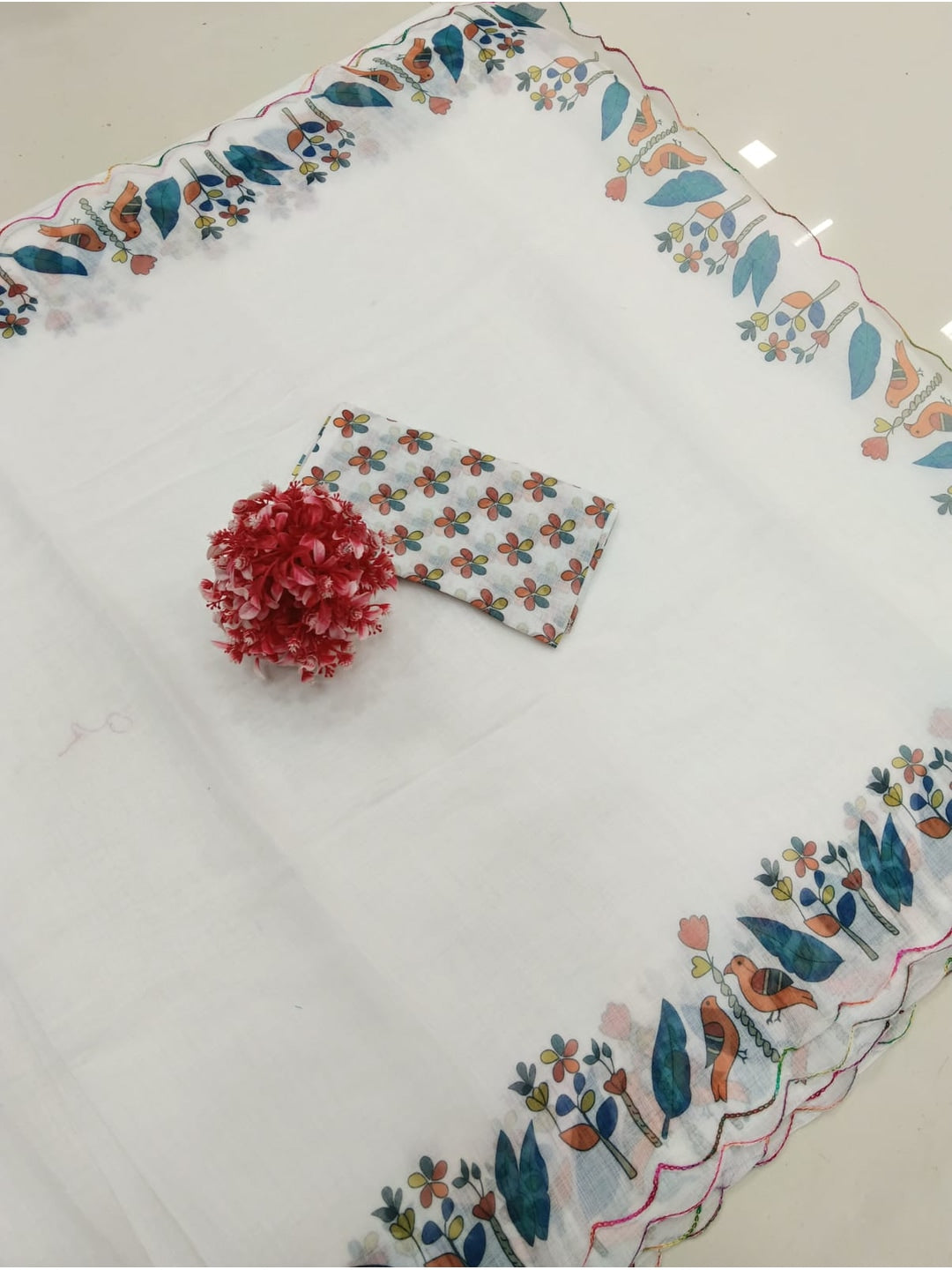Peachmode White Printed Linen Saree With Cutwork Border - Image 4