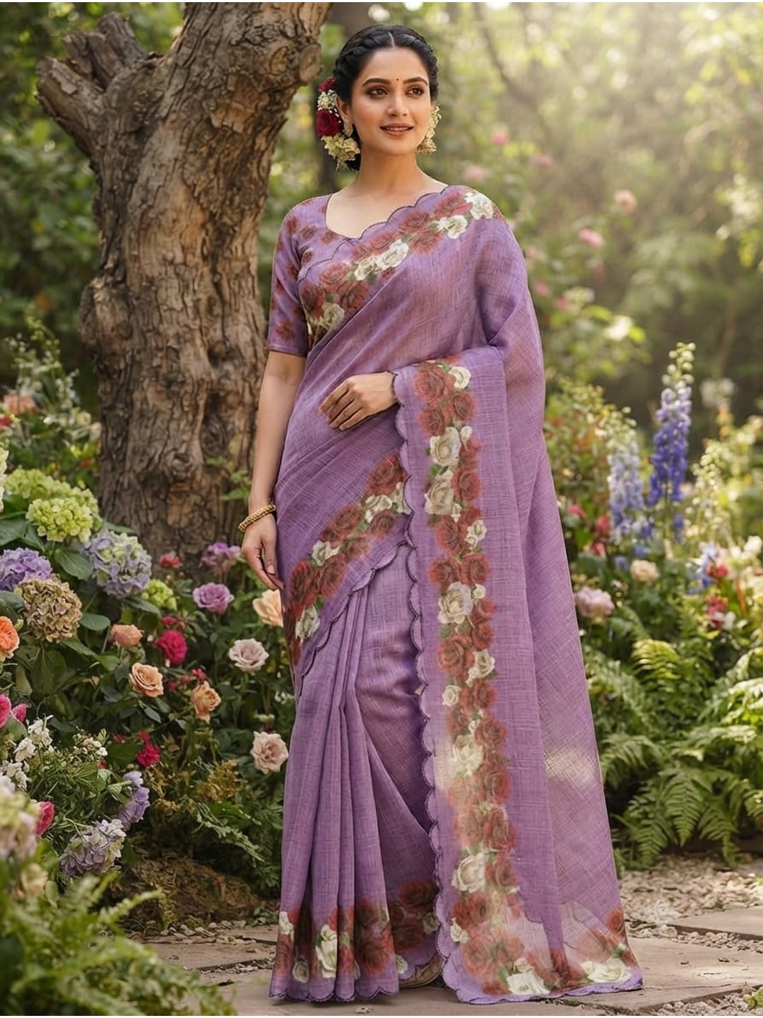 Peachmode Lilac Printed Linen Saree With Cutwork Border - Image 3