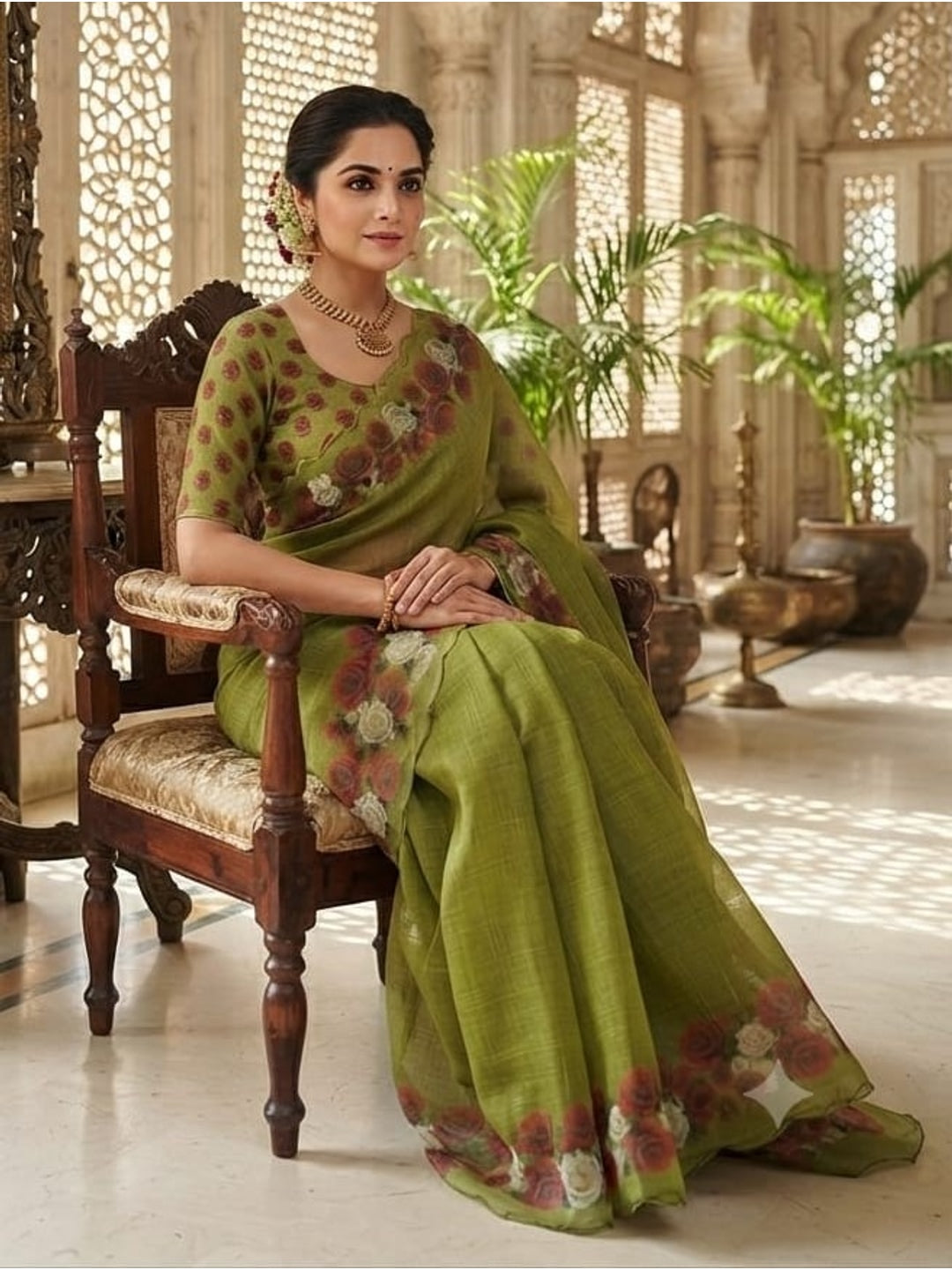 Peachmode Olive Green Printed Linen Saree With Cutwork Border - Image 3