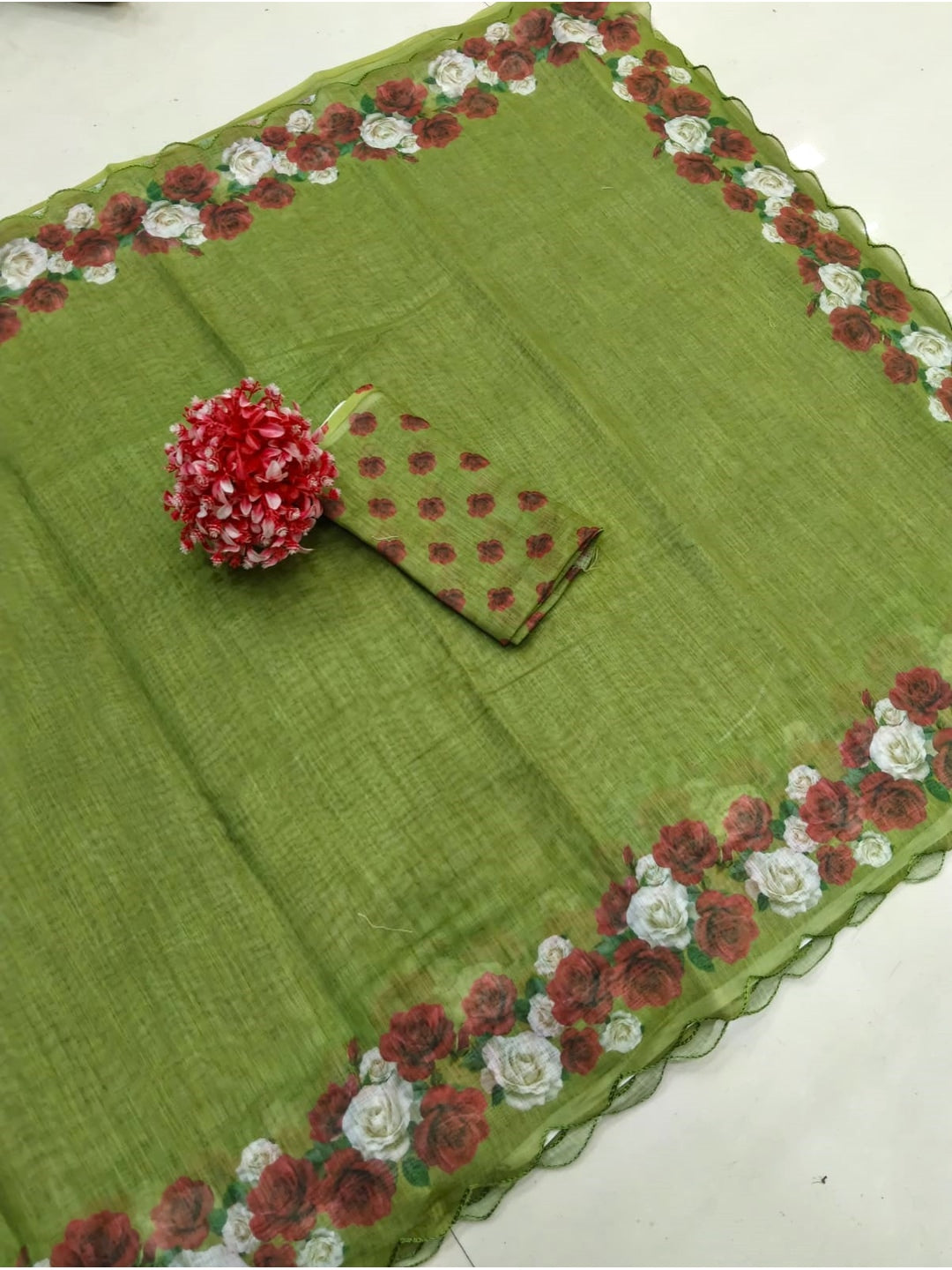 Peachmode Olive Green Printed Linen Saree With Cutwork Border - Image 5