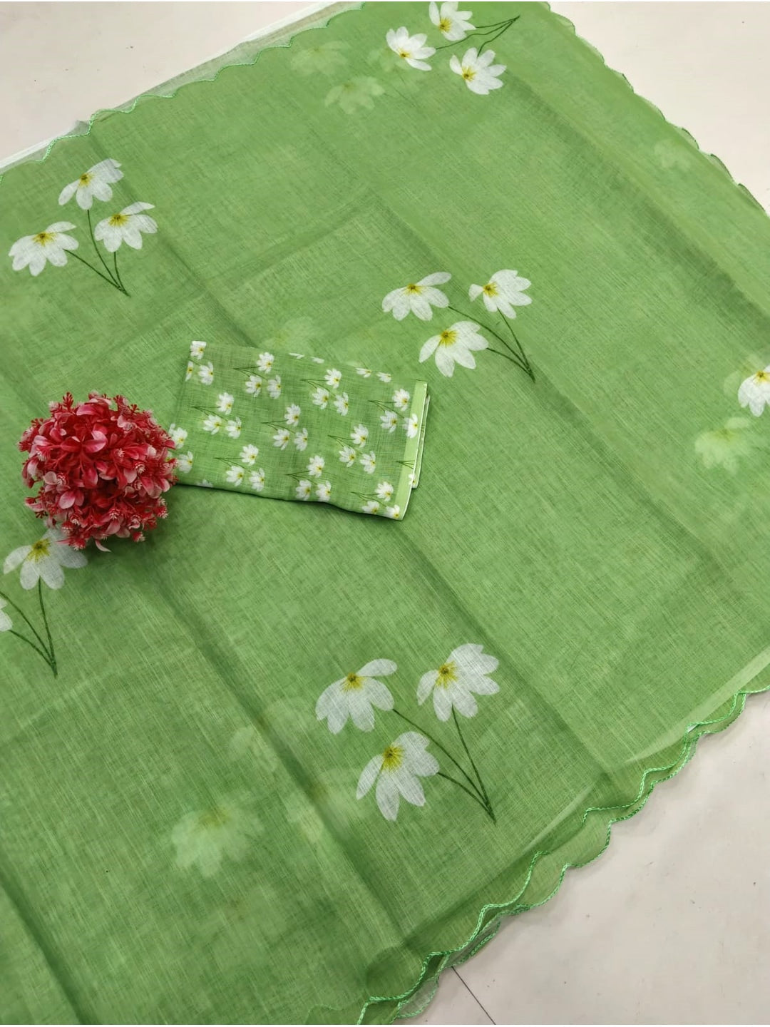 Peachmode Green Printed Linen Saree With Cutwork Border - Image 5