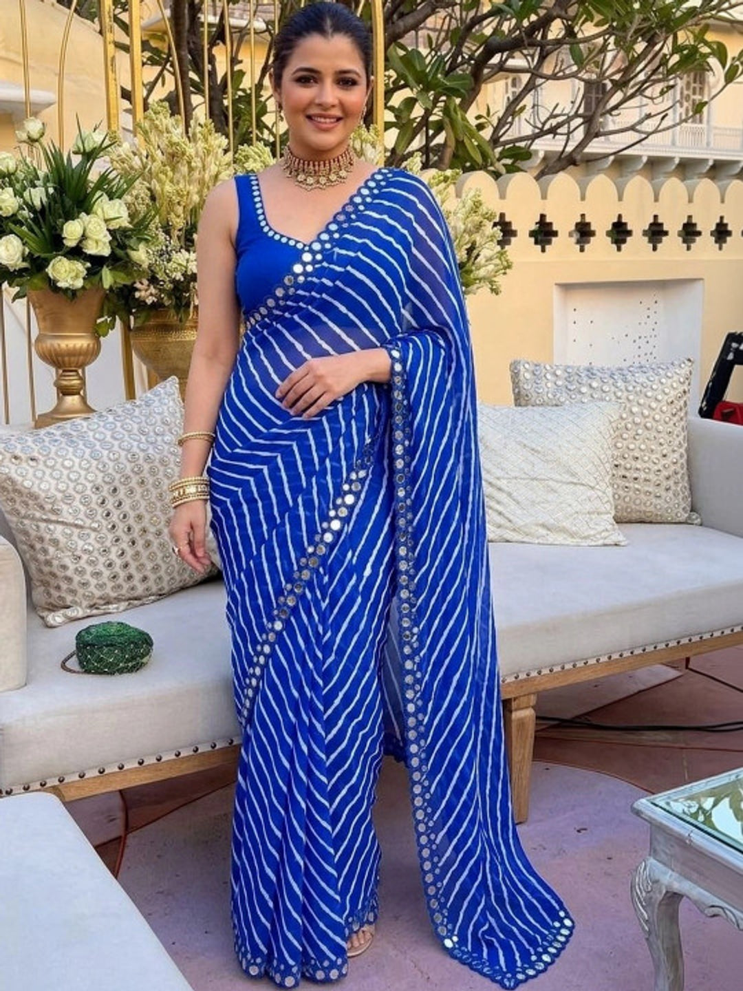 Peachmode Royal Blue Lehariya Printed Georgette Saree With Mirror Border - Image 1