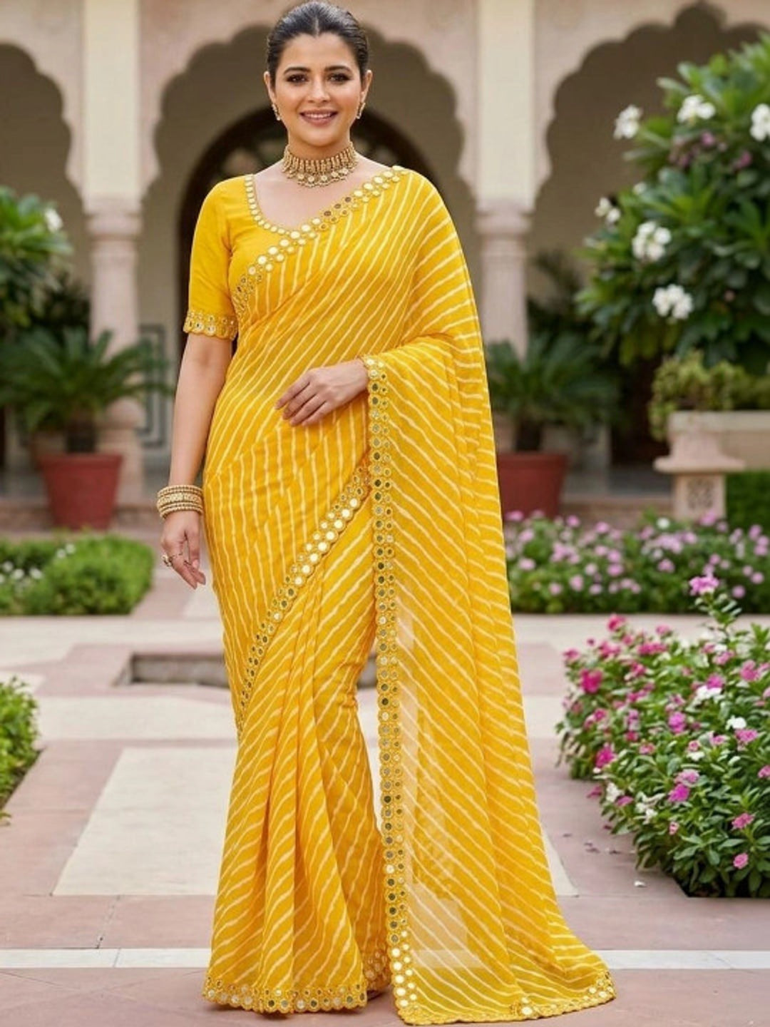 Peachmode Yellow Lehariya Printed Georgette Saree With Mirror Border - Image 1