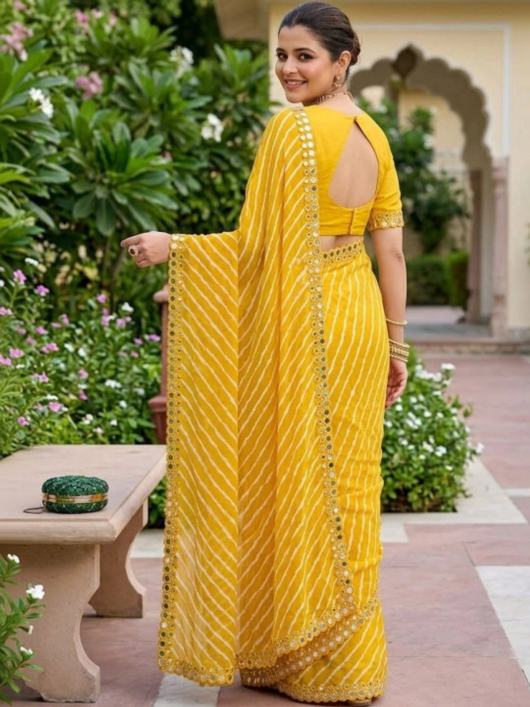 Peachmode Yellow Lehariya Printed Georgette Saree With Mirror Border - Image 2