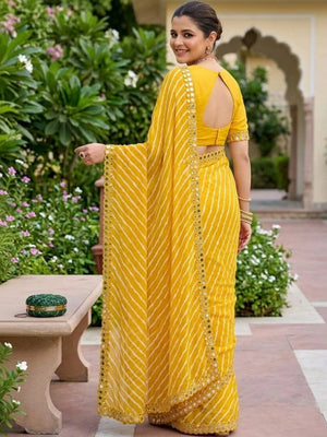 Peachmode Yellow Lehariya Printed Georgette Saree With Mirror Border - Image 2