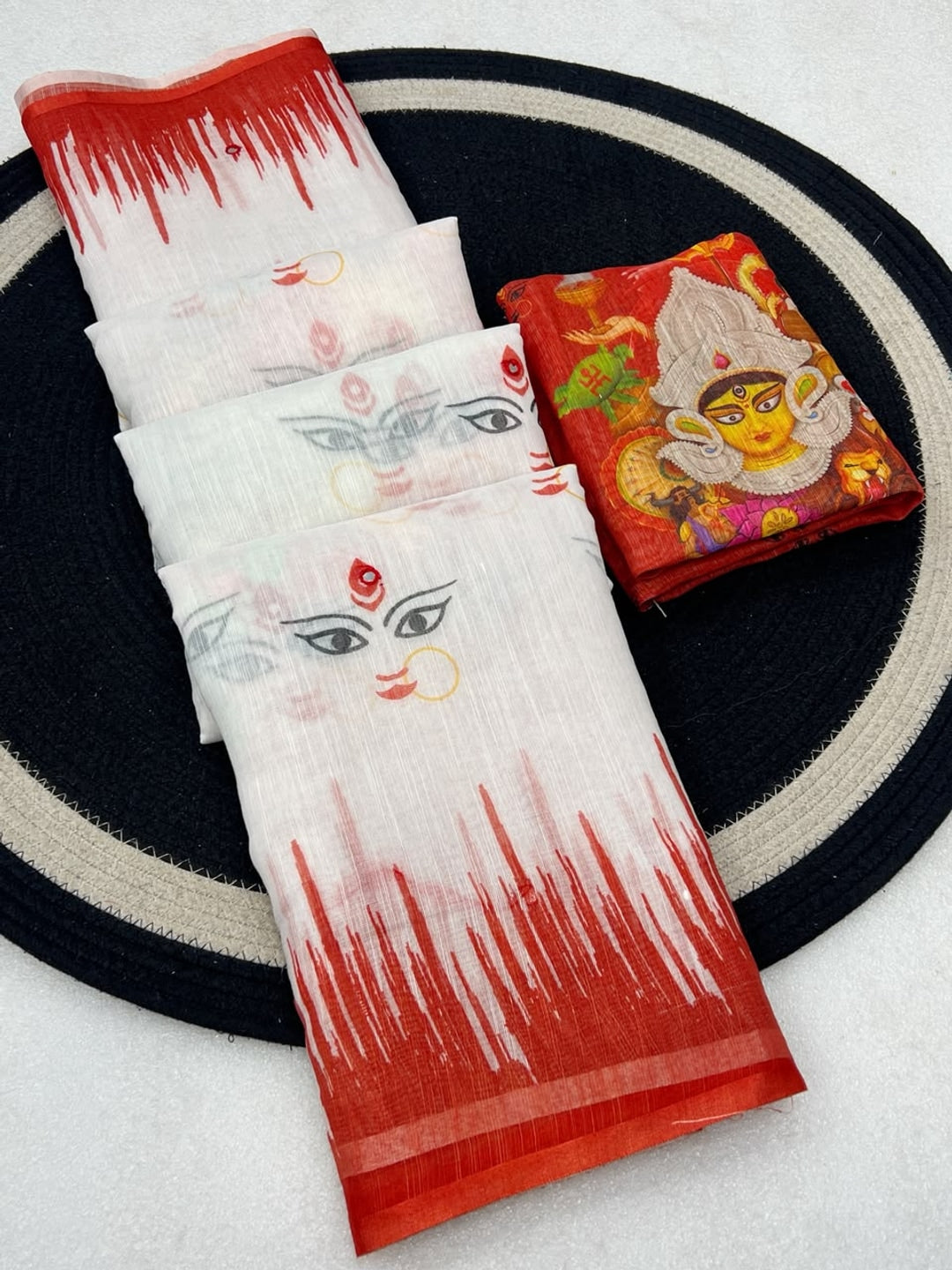 Peachmode White Durga Printed Linen Saree With Mirror Work - Image 5