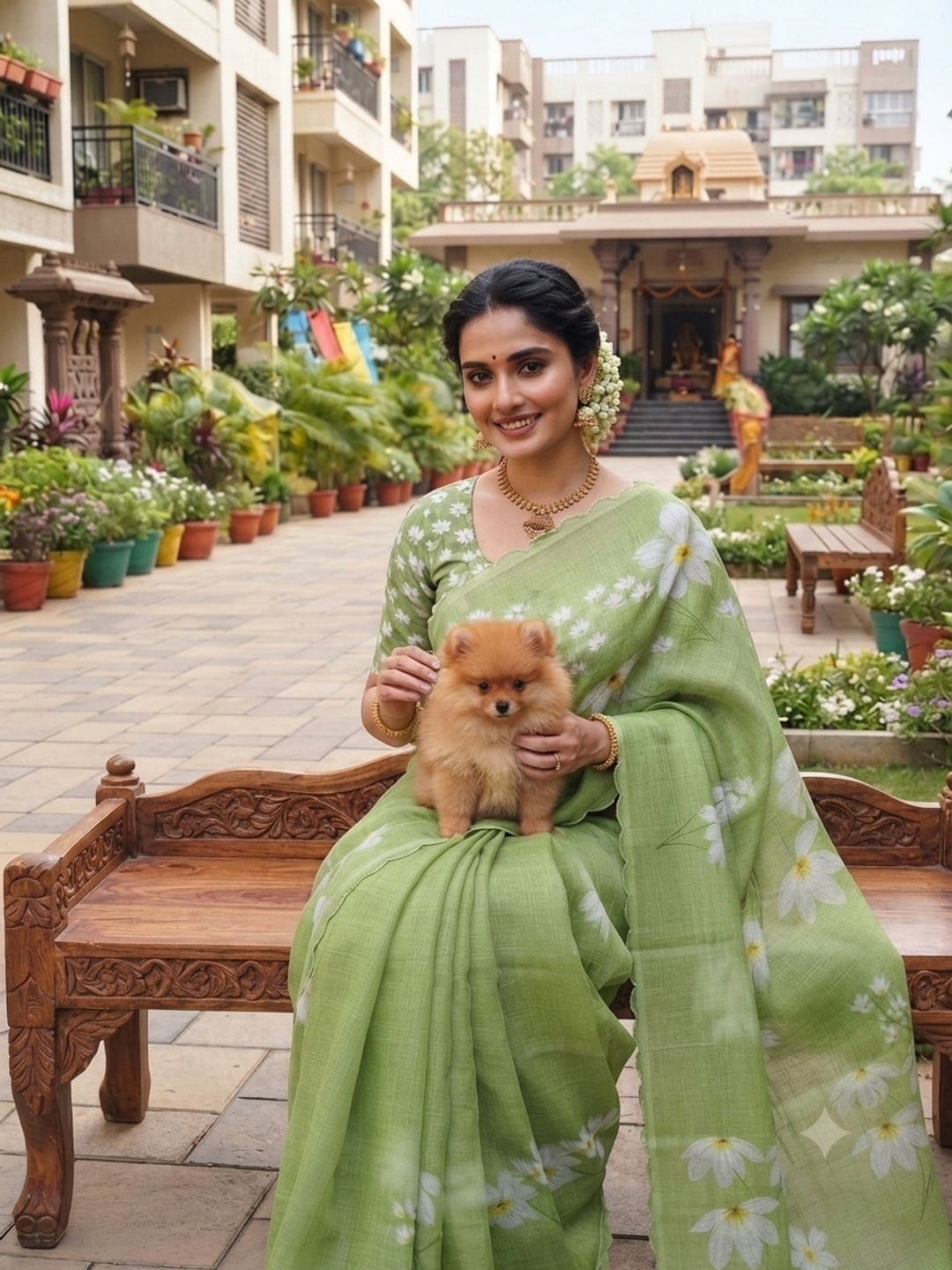 Peachmode Green Printed Linen Saree With Cutwork Border - Image 2