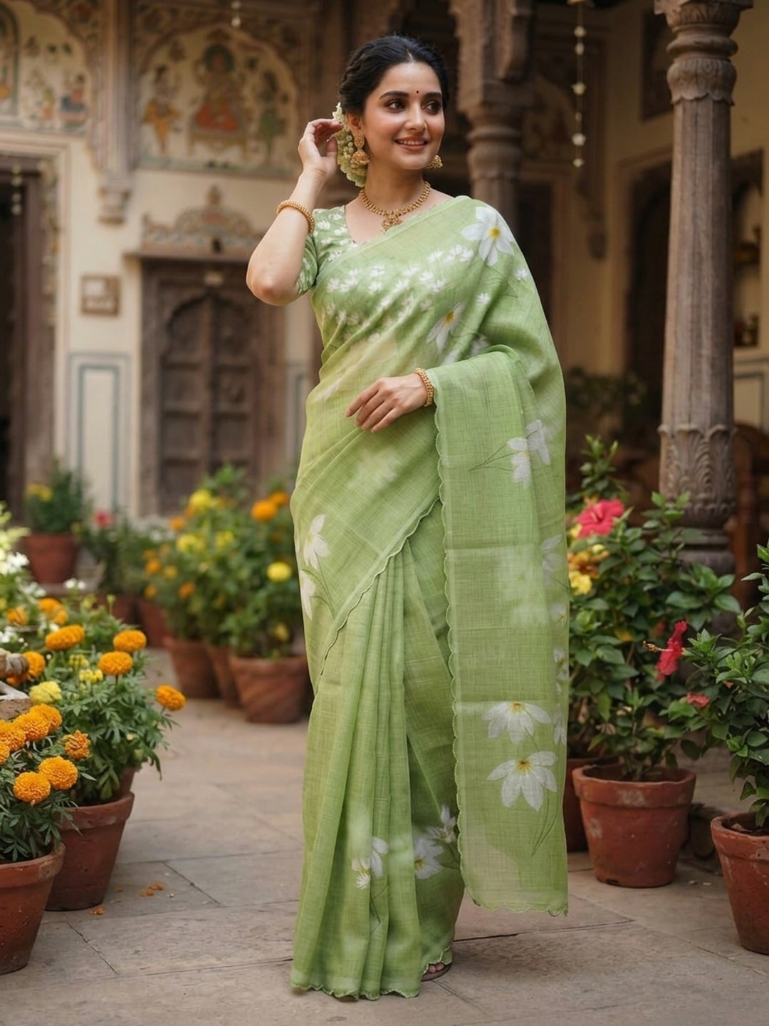 Peachmode Green Printed Linen Saree With Cutwork Border - Image 3