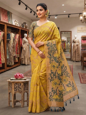 Peachmode Mustard Printed Linen Saree - Image 1