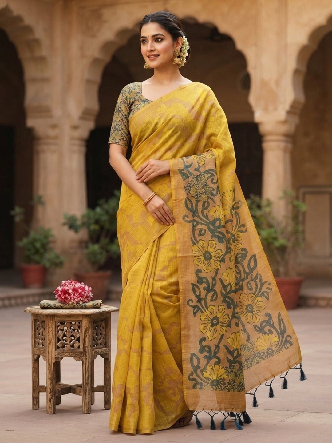Peachmode Mustard Printed Linen Saree - Image 3