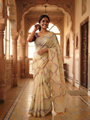 Peachmode Cream Printed Linen Saree - Image 1