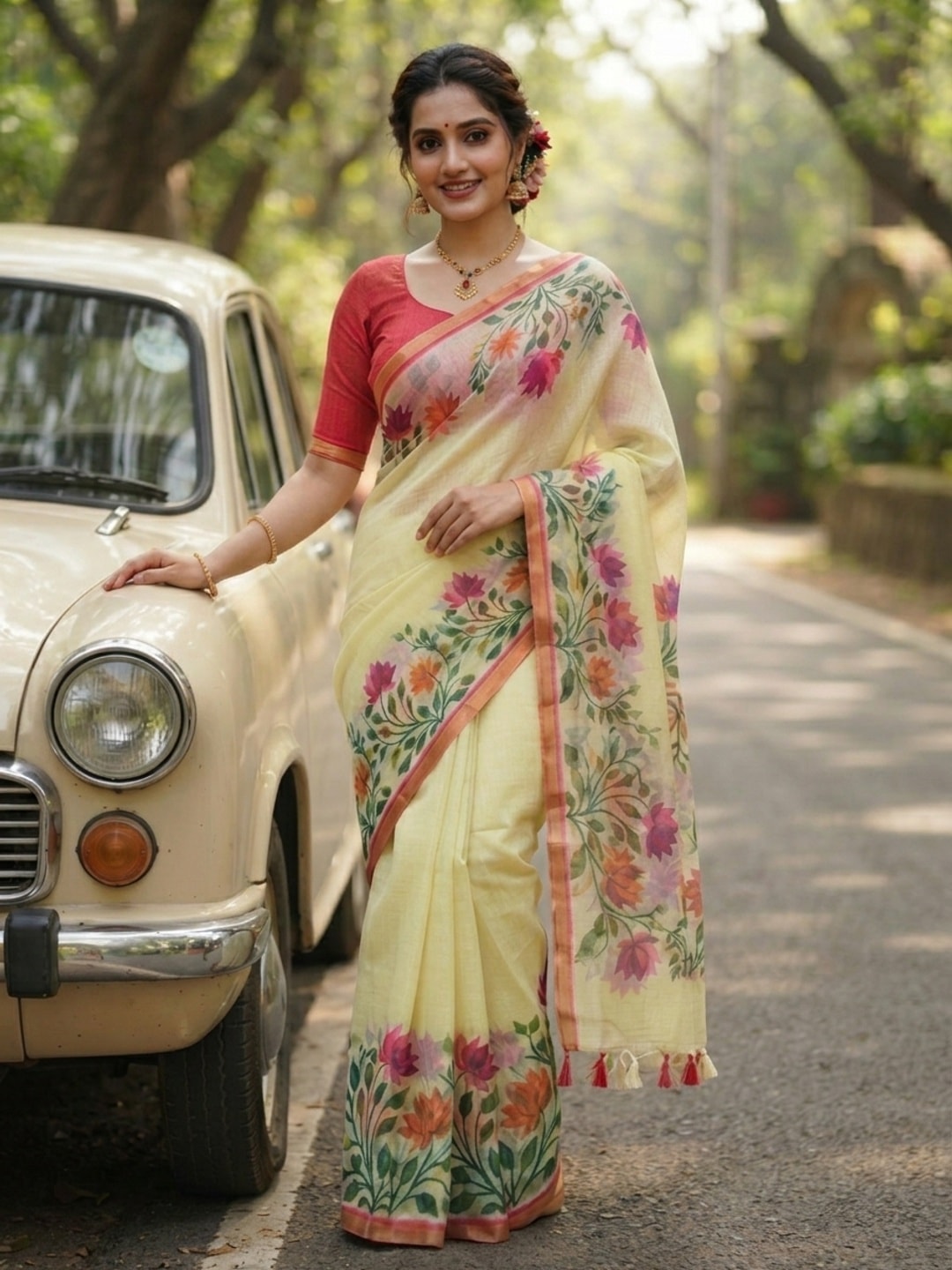 Peachmode Lemon Yellow Printed Linen Saree - Image 1