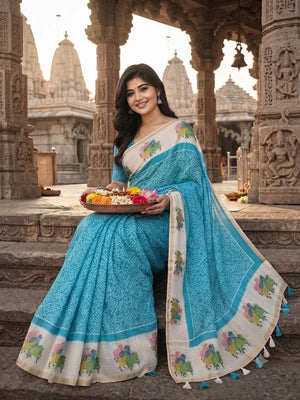 Peachmode Turquoise Printed Linen Saree - Image 2