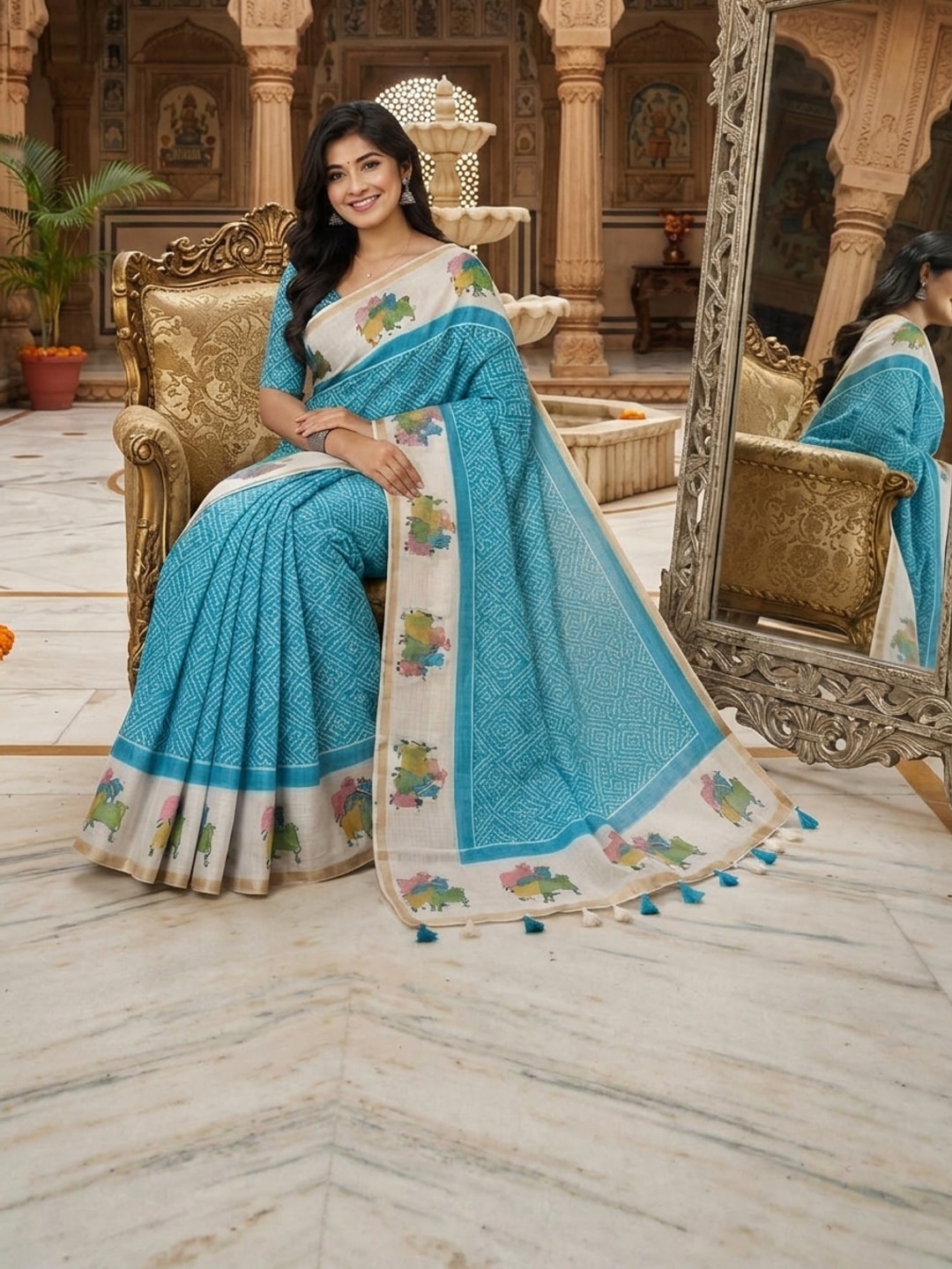 Peachmode Turquoise Printed Linen Saree - Image 3