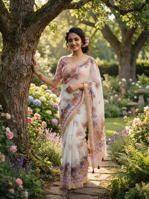 Peachmode White Printed Linen Saree - Image 1