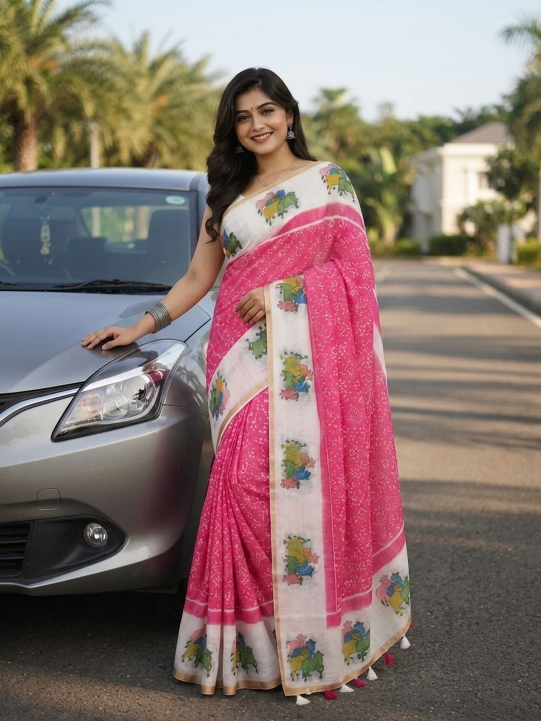 Peachmode Pink Printed Linen Saree - Image 1