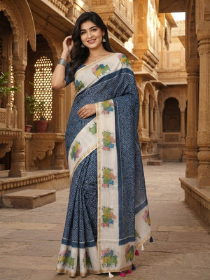 Peachmode Navy Blue Printed Linen Saree - Image 1