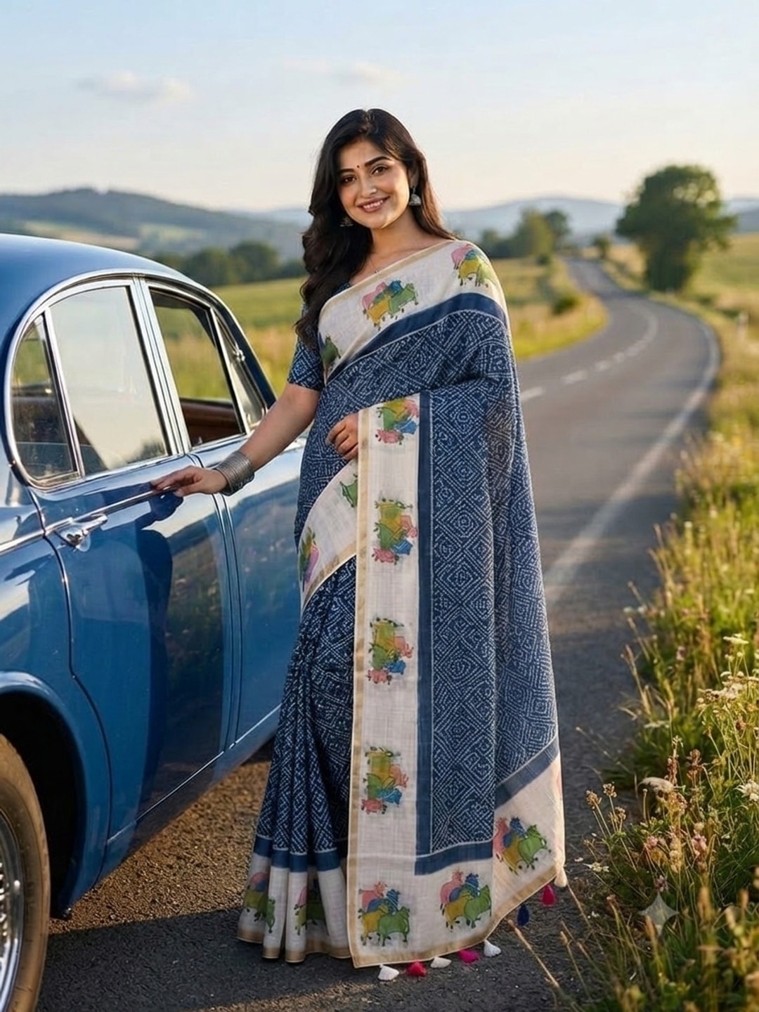 Peachmode Navy Blue Printed Linen Saree - Image 2