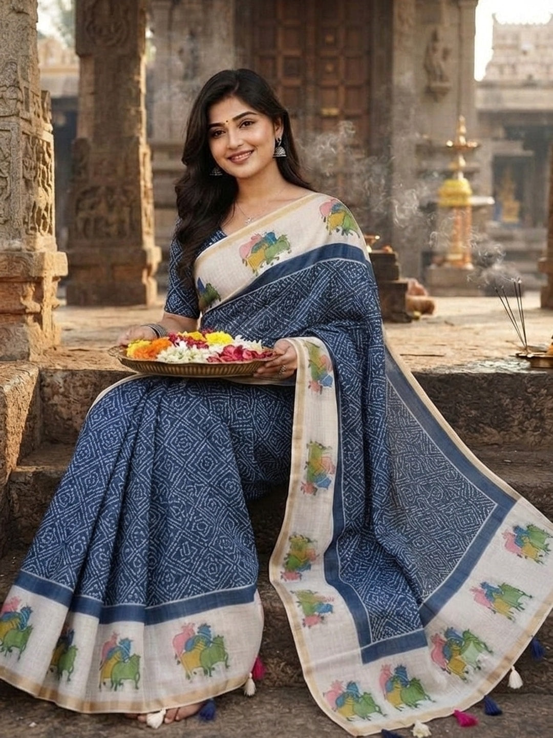 Peachmode Navy Blue Printed Linen Saree - Image 3